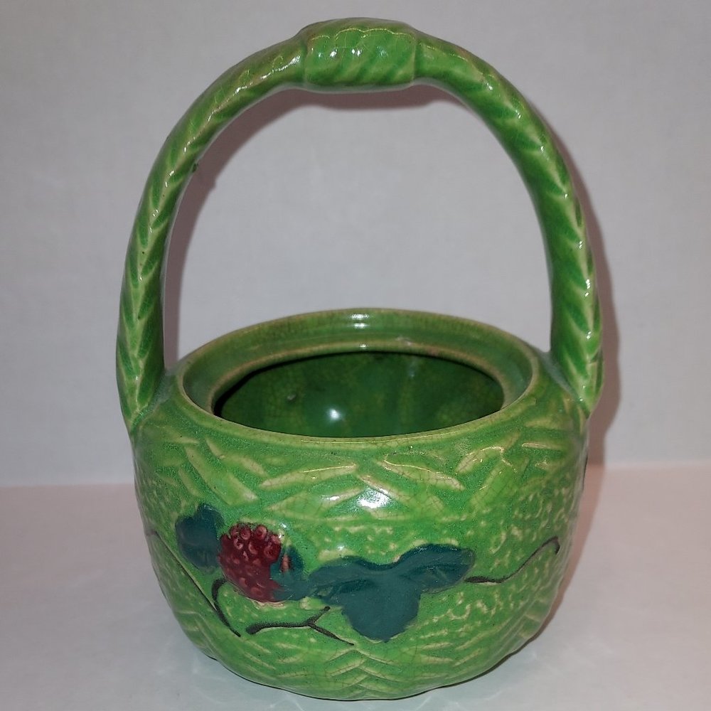 Vintage Green Raspberry pot with Handle made in Japan